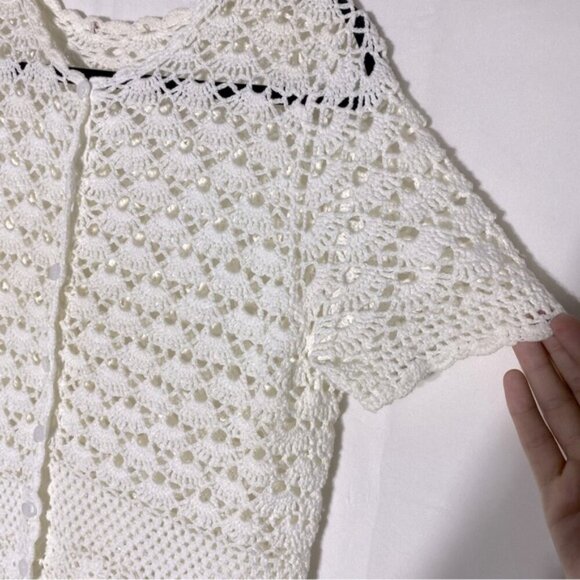 Vintage Cream Crochet Lace Knit Button Front Short Sleeve Cardigan M - Picture 7 of 12